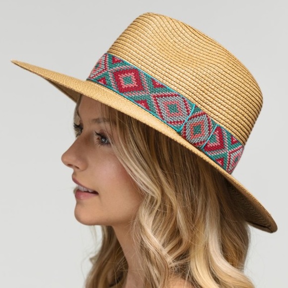 Boho Tribal Geo Print Straw Panama hat - Picture 7 of 7